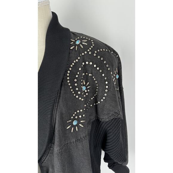 IB Sport Vintage Black Denim Sweater Jacket Aztec Turquoise Womens Large - Picture 6 of 16